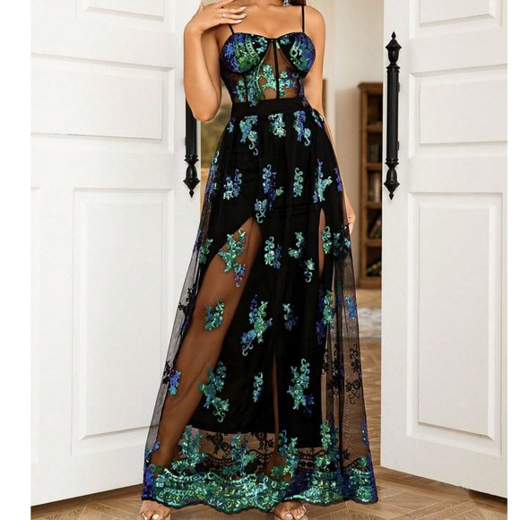 Floral Sequin Mesh Overlay Cami Party Dress - Picture 4 of 6